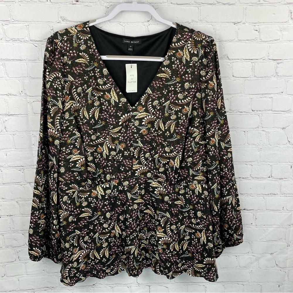 Lane Bryant Illusion Collection V Neck Top Black Botanical Print Size 20 L/S NWT
